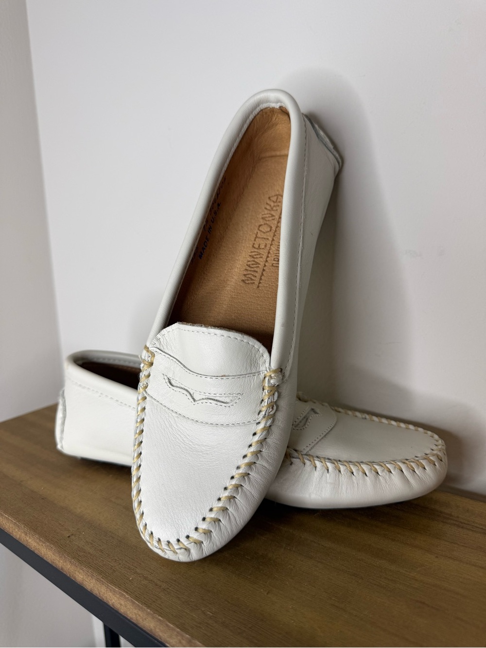 Minnetonka White Leather Penny Moccasin Loafers